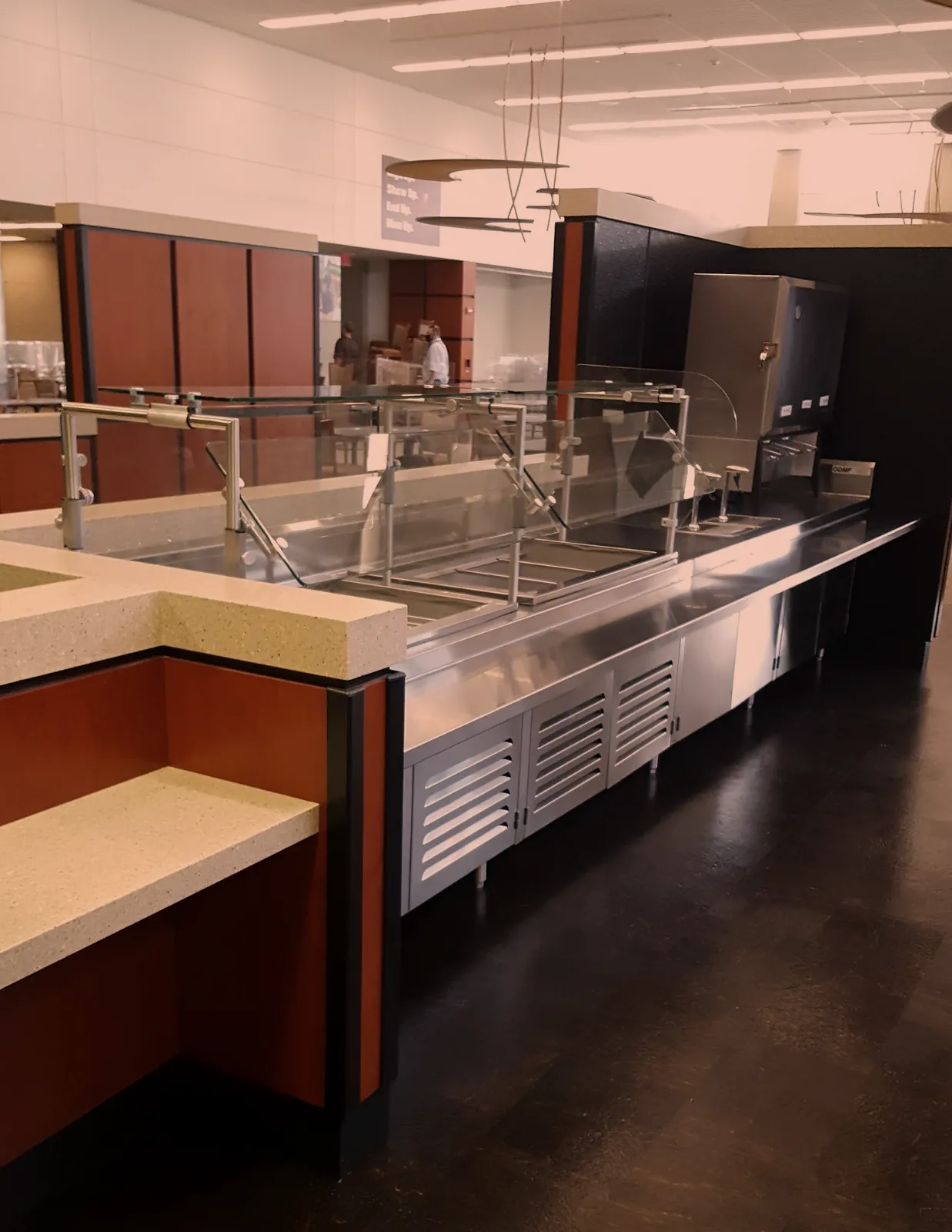 Stainless steel serving line with louvered doors and the ODMF tag, commercial kitchen fabrication in Norristown PA