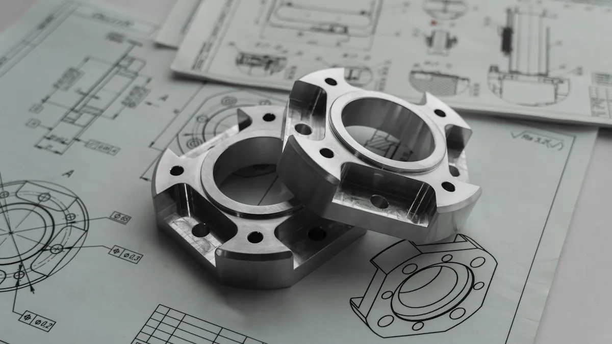 Approve step: machined parts on an engineering drawing, sign off before any metal is cut