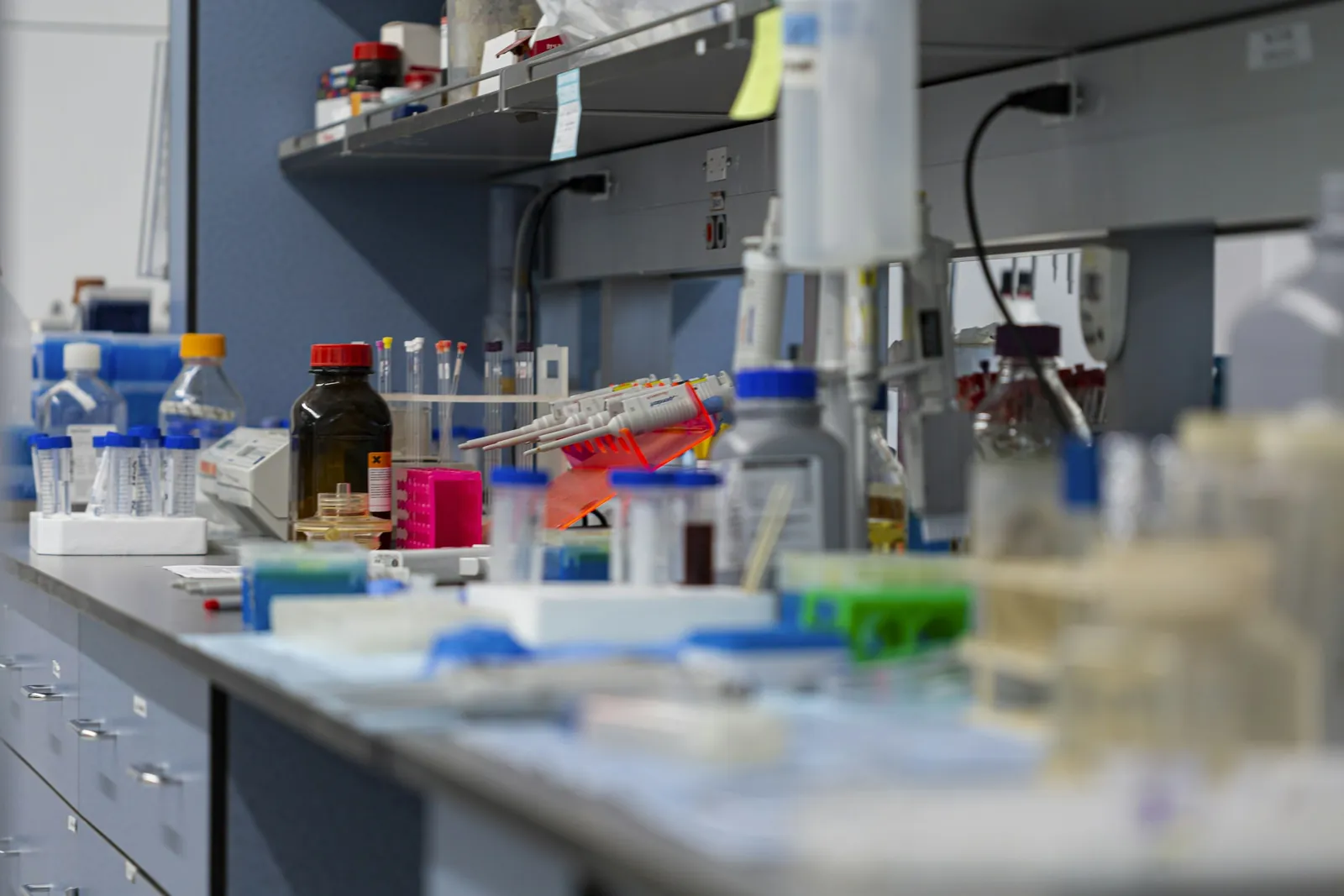 Laboratory bench with pipettes and reagents, medical and pharmaceutical metal fabrication by O'Donnell Metal Fab in Norristown PA