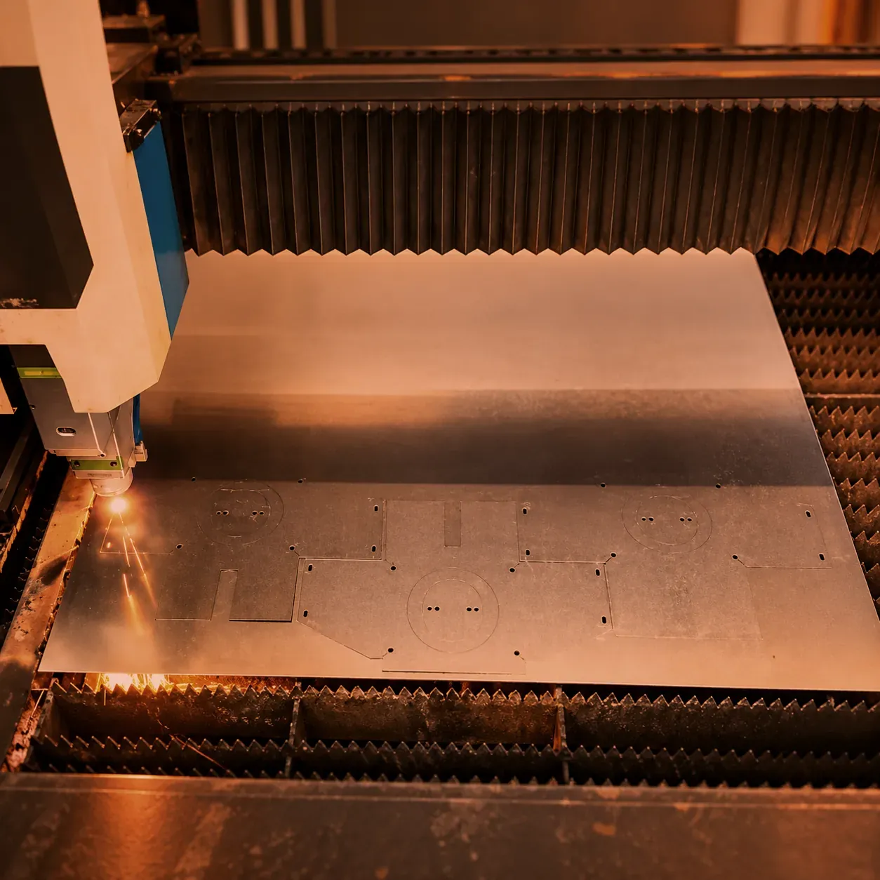 CNC fiber laser cutting parts from a steel sheet at O'Donnell Metal Fab, laser cutting equipment up to one inch mild steel in Norristown PA