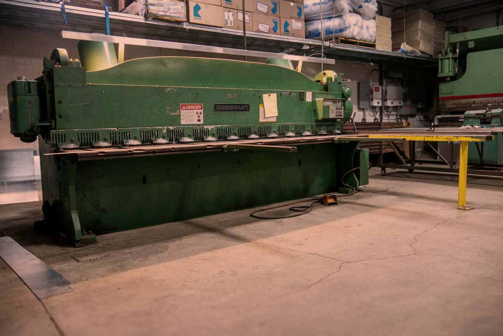 Twelve foot Cincinnati shear for straight cuts up to one quarter inch mild steel, shearing equipment at O'Donnell Metal Fab