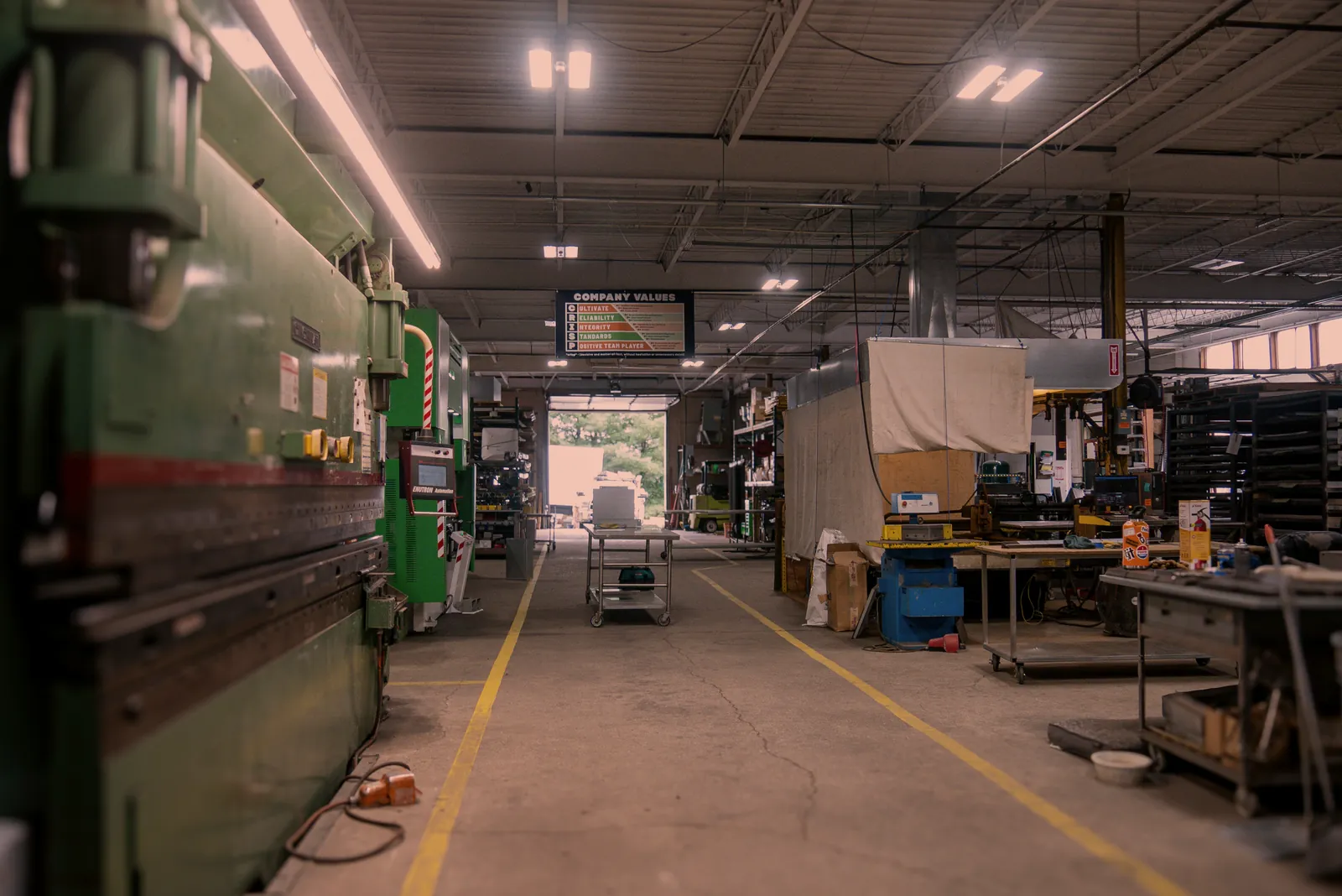 Shop floor at O'Donnell Metal Fab with the press brake and forming line, 60 by 144 inch sheet capacity in Norristown PA