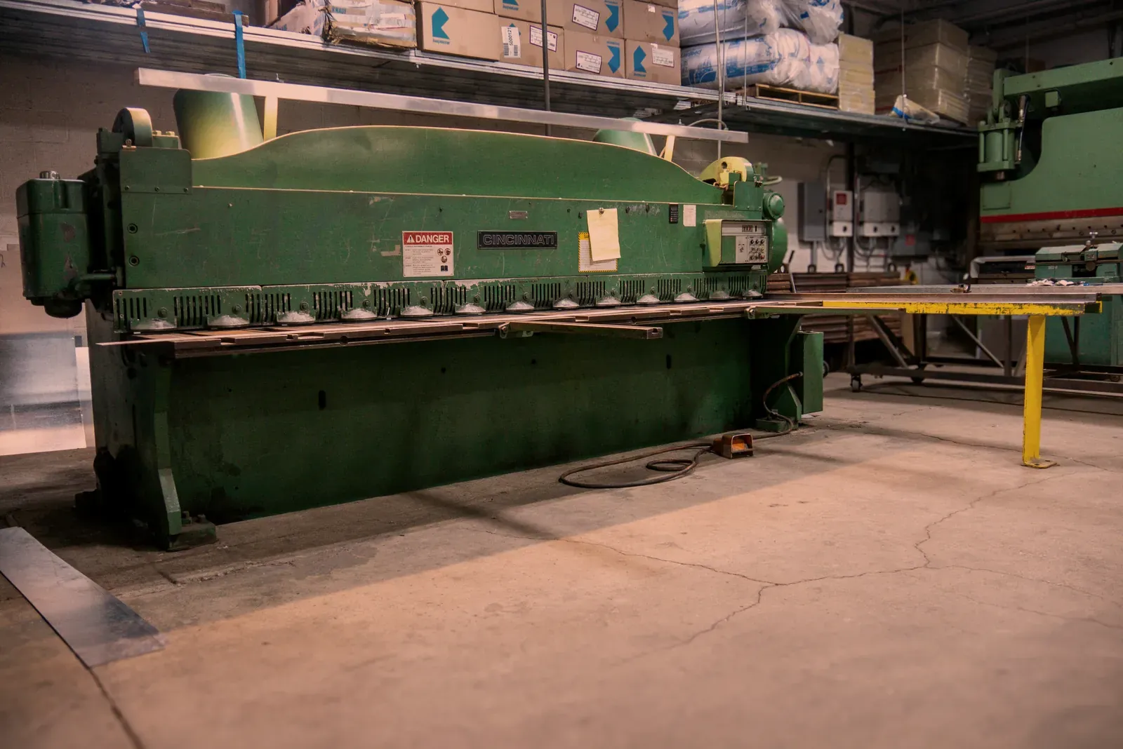 Twelve foot Cincinnati shear with the press brake line behind it, metal fabricators serving New Jersey from Norristown PA